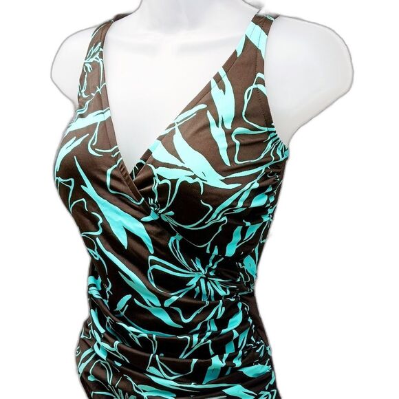 Caribbean Joe Missy One Piece Swim Suit/ Bathing Suit. Woman's 18T. Brown/ Blue. - Picture 2 of 11